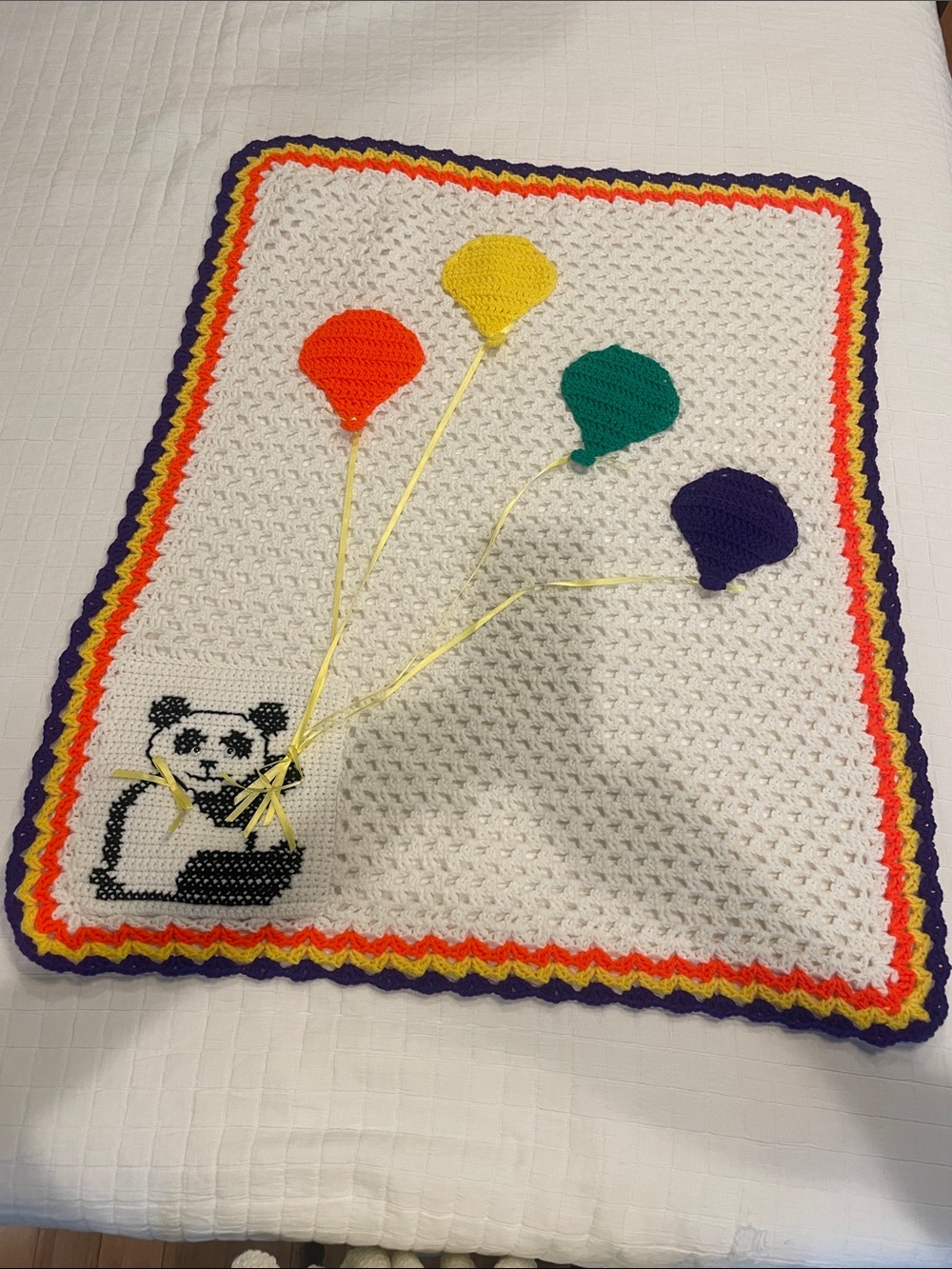 Handmade White Crochet Baby Blanket Colorful Balloons and Panda heirloom Afghan